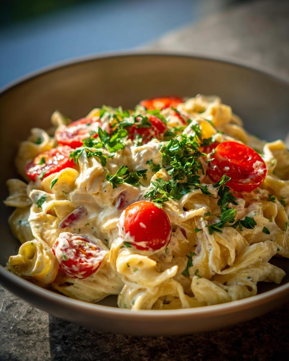 Close-up of Protein Nudeln mit Hüttenkäse für Vegetarier, featuring pasta, cottage cheese sauce, tomatoes, and parsley.