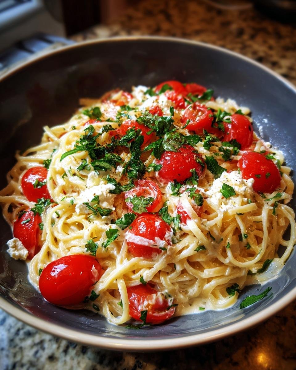 Close-up of Protein Nudeln mit Hüttenkäse für Vegetarier, featuring pasta, cottage cheese, tomatoes, and herbs.