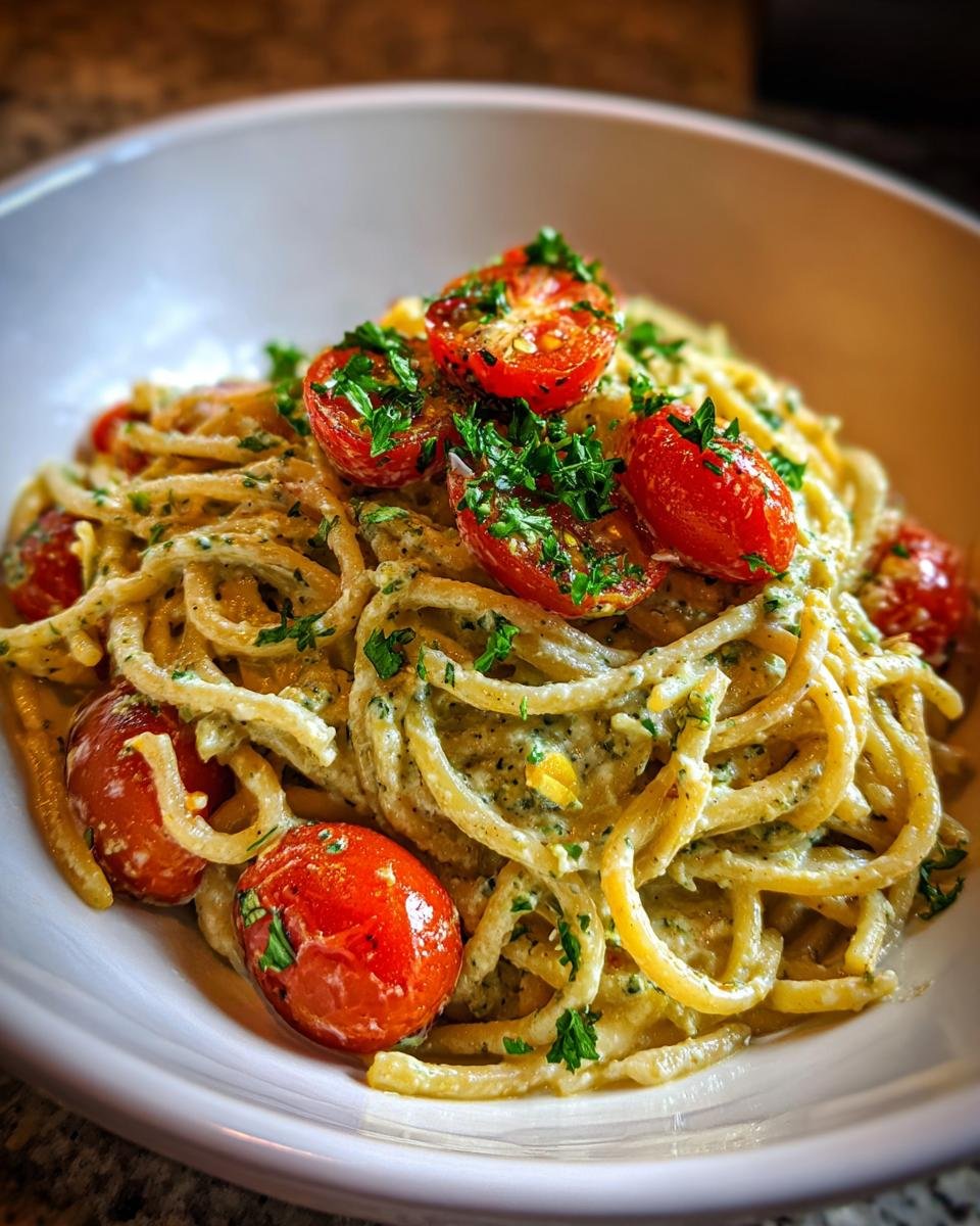 A bowl of Protein Nudeln mit Hüttenkäse für Vegetarier, topped with roasted tomatoes and fresh parsley.