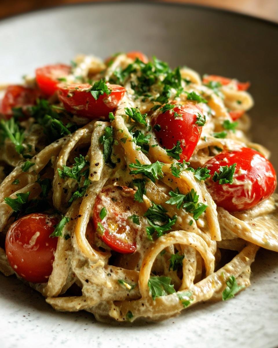Close-up of Protein Nudeln mit Hüttenkäse für Vegetarier, garnished with fresh parsley and halved cherry tomatoes.