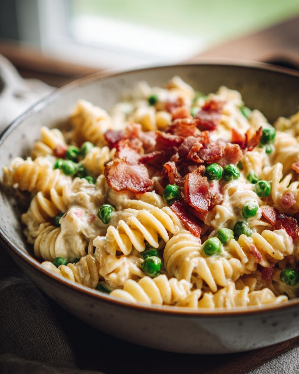 Close-up of Protein Nudeln mit Hüttenkäse topped with crispy bacon and green peas in a bowl.