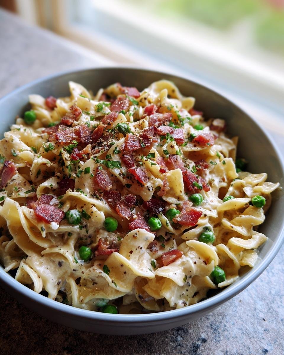 Bowl of Protein Nudeln mit Hüttenkäse, garnished with bacon, peas, and herbs.