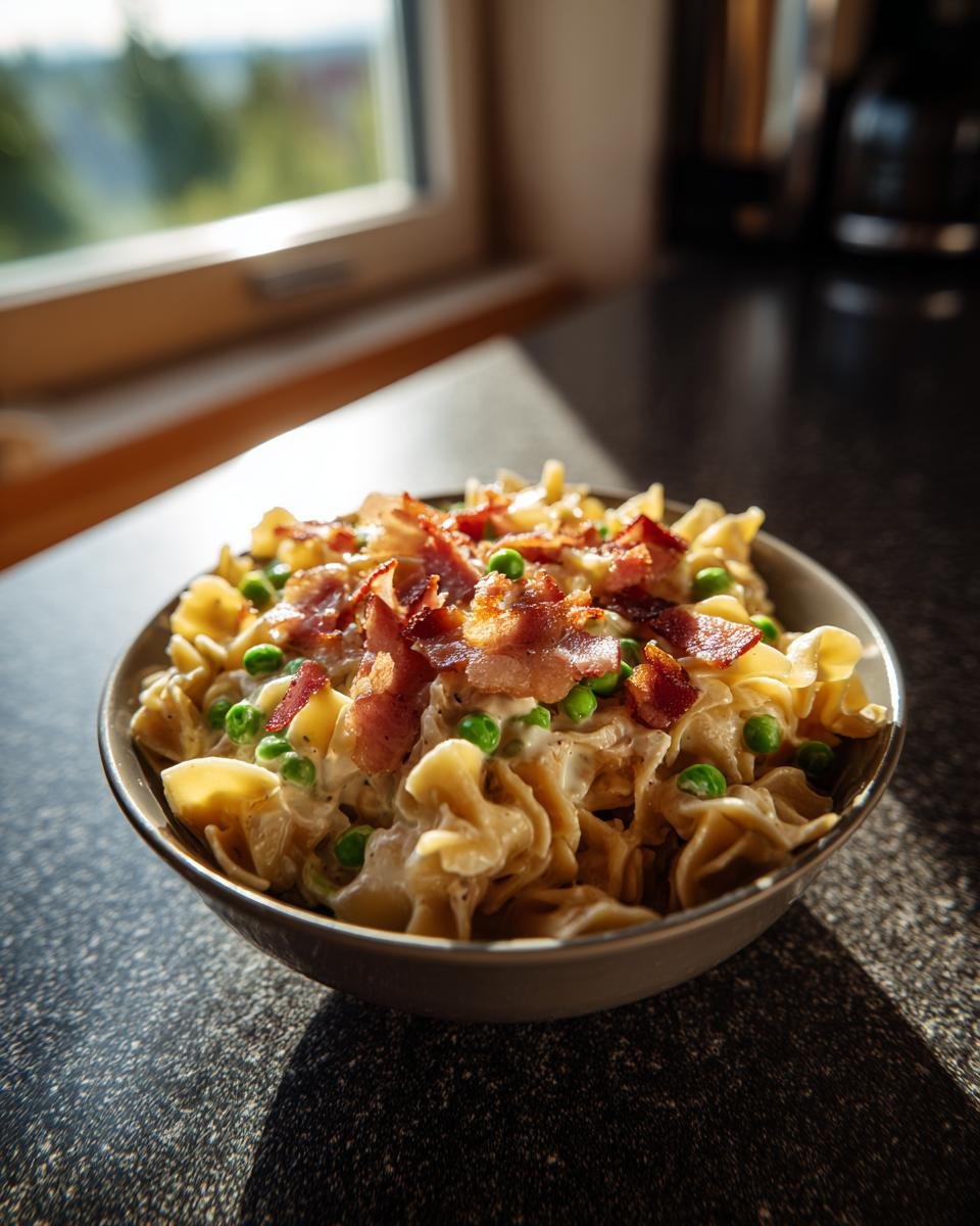 Bowl of Protein Nudeln mit Hüttenkäse, topped with bacon and peas.