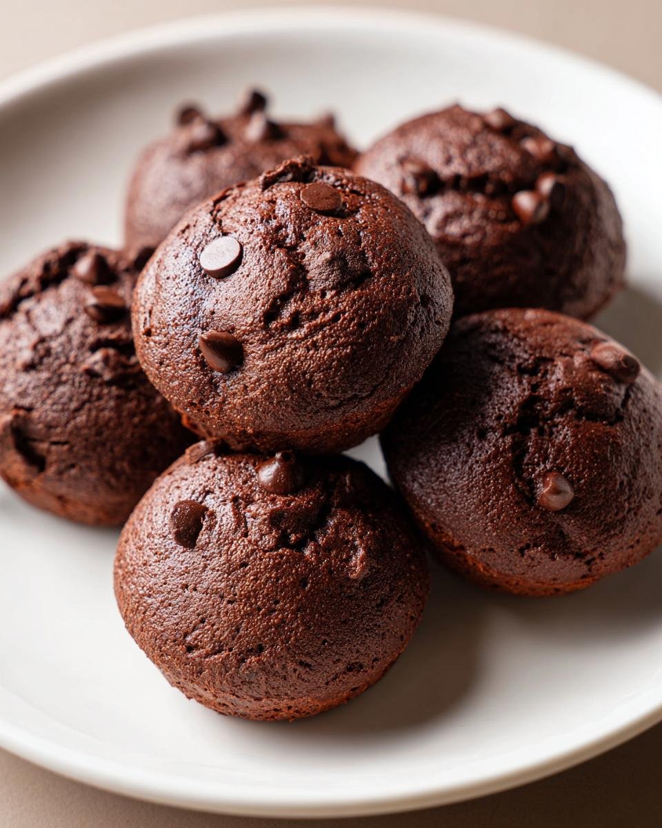 Close-up of Protein-reiche 10-Minuten Schoko-Brötchen on a white plate, showcasing their rich chocolate color and texture.