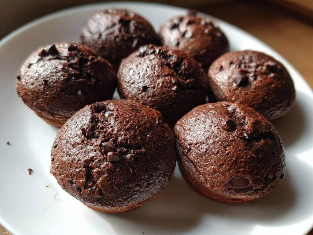 Close-up of Protein-reiche 10-Minuten Schoko-Brötchen on a white plate, showcasing their texture and chocolate chips.