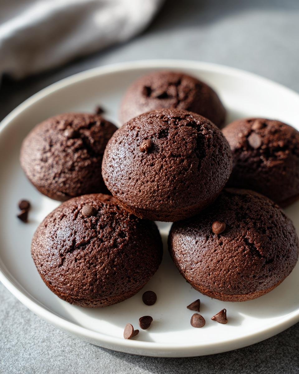 Close-up of Protein-reiche 10-Minuten Schoko-Brötchen on a white plate, garnished with chocolate chips.