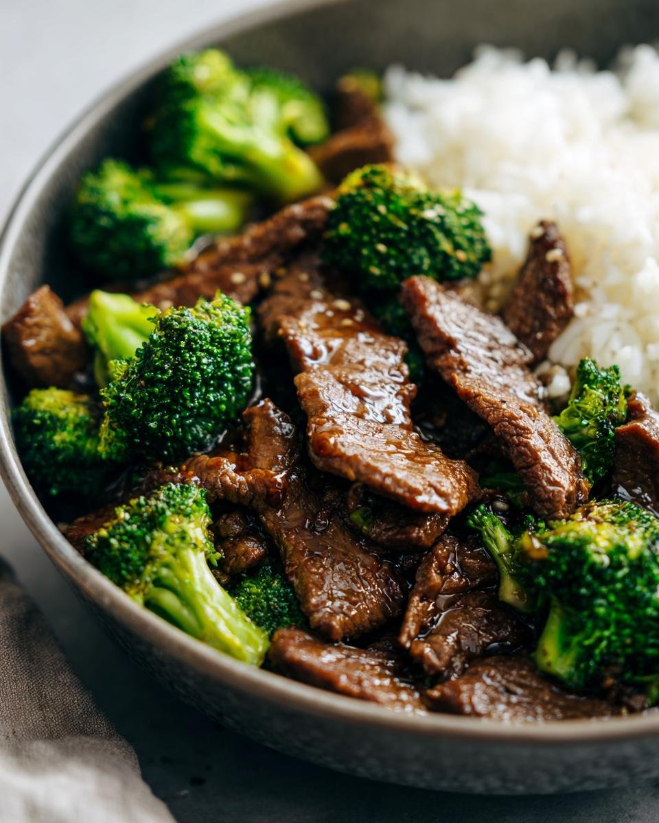 Close-up of Rindfleisch mit Brokkoli served in a bowl with rice. Delicious and healthy meal.