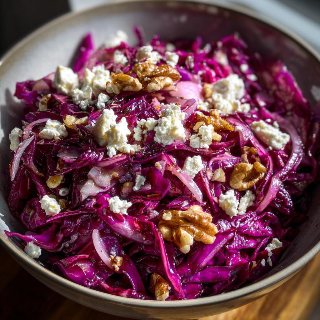 Close-up of a vibrant Rotkohl Feta Salat in a bowl, garnished with walnuts.