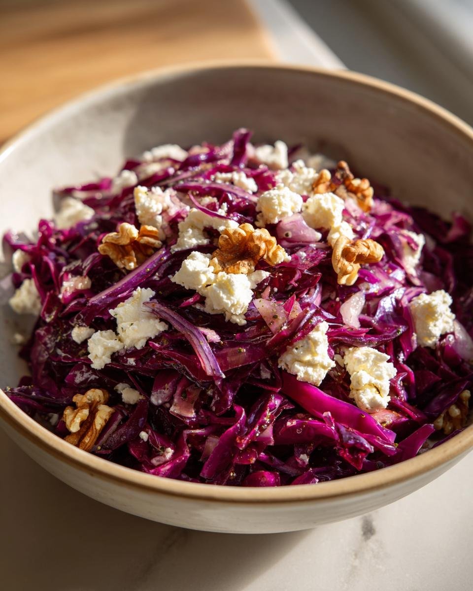 Bowl of vibrant Rotkohl Feta Salat with red cabbage, feta cheese, and walnuts.