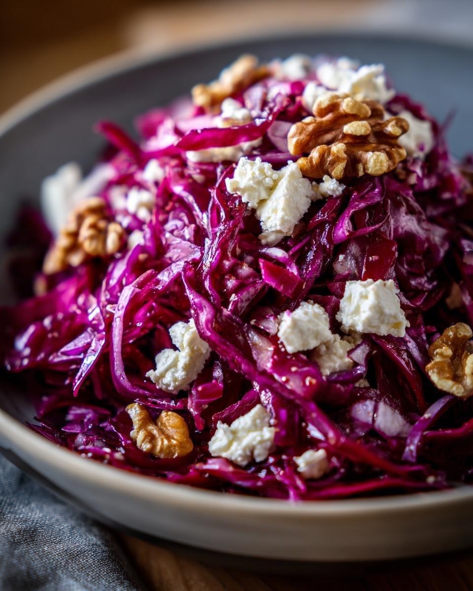 Bowl of vibrant Rotkohl Feta Salat topped with crumbled feta cheese and walnuts.