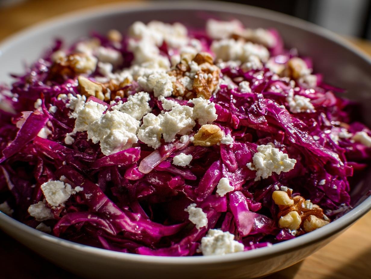 Close-up of Rotkohl Feta Salat in a bowl, topped with crumbled feta cheese and walnuts.