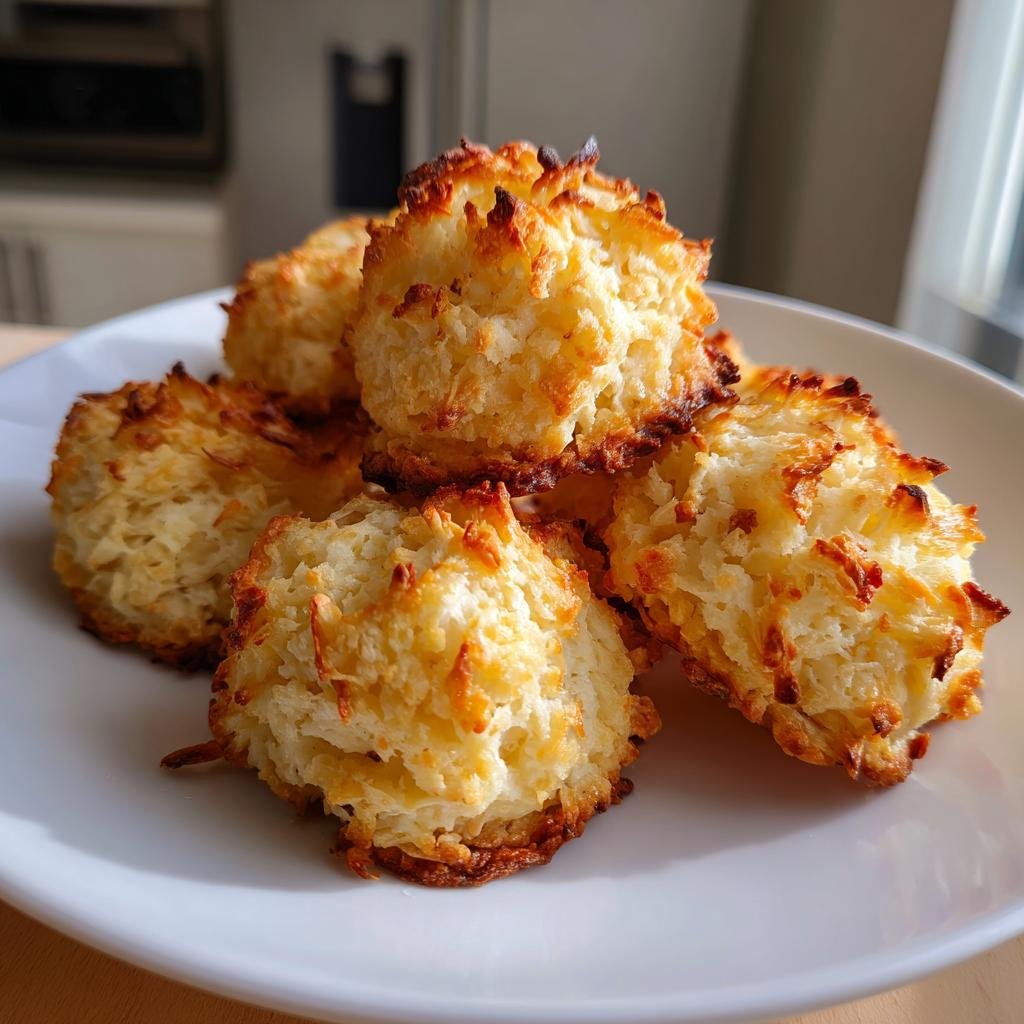 Pile of golden Saftige Haselnuss Makronen, a German hazelnut macaroon, on a white plate.