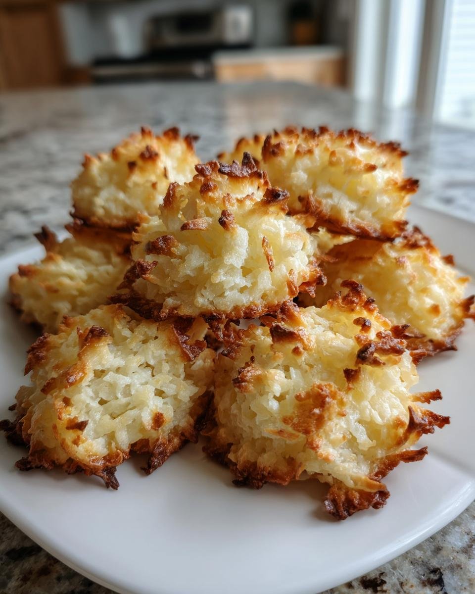 A plate of golden brown Saftige Haselnuss Makronen, showcasing their toasted coconut texture.