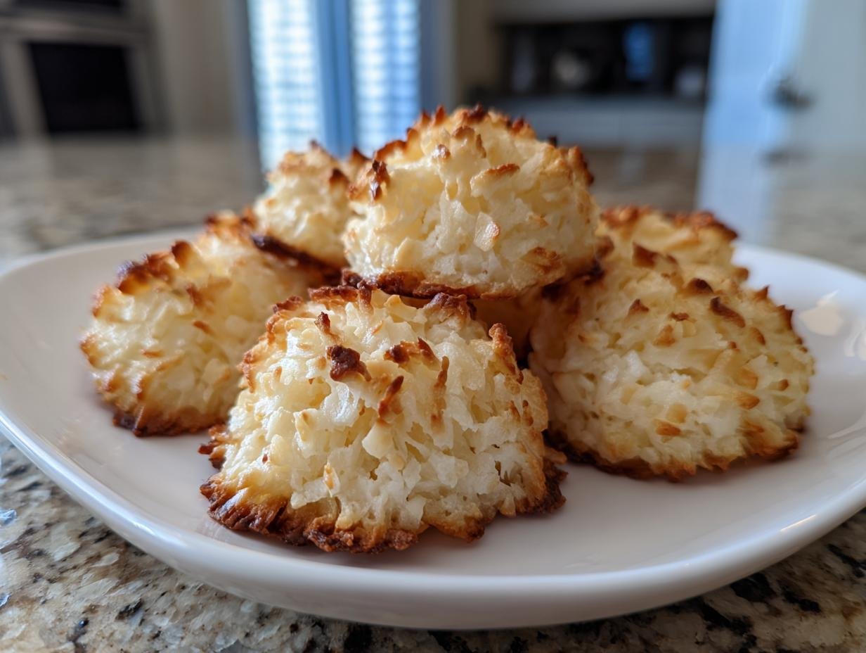 Close-up of Saftige Haselnuss Makronen, golden brown and piled on a white plate.