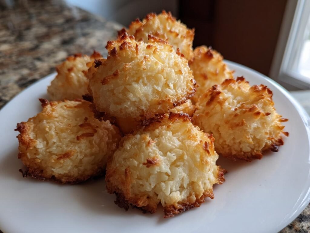 Close-up of Saftige Kokosmakronen, golden brown and piled on a white plate, ready to eat.
