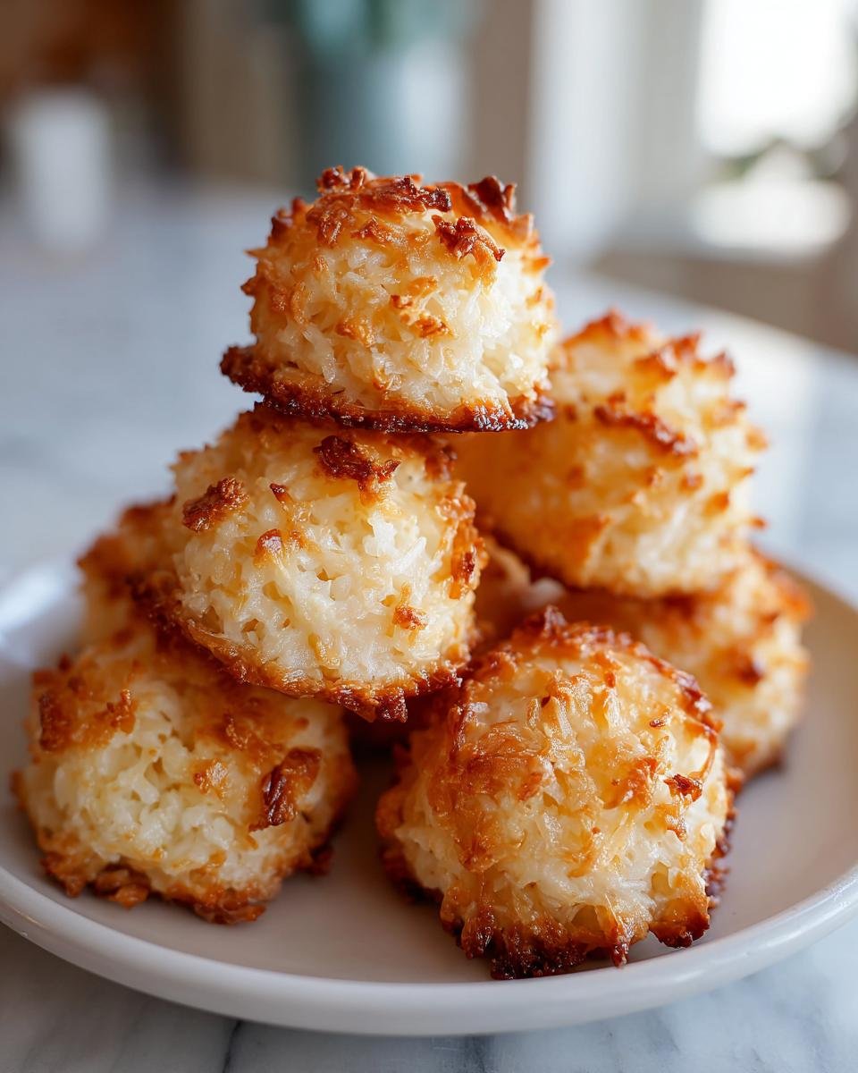A stack of golden brown Saftige Kokosmakronen nach Omas bestem Rezept on a white plate.