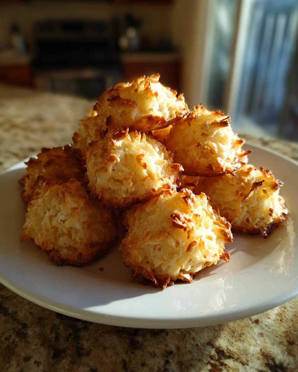 A pile of golden brown Saftige Kokosmakronen nach Omas bestem Rezept on a white plate, ready to eat.