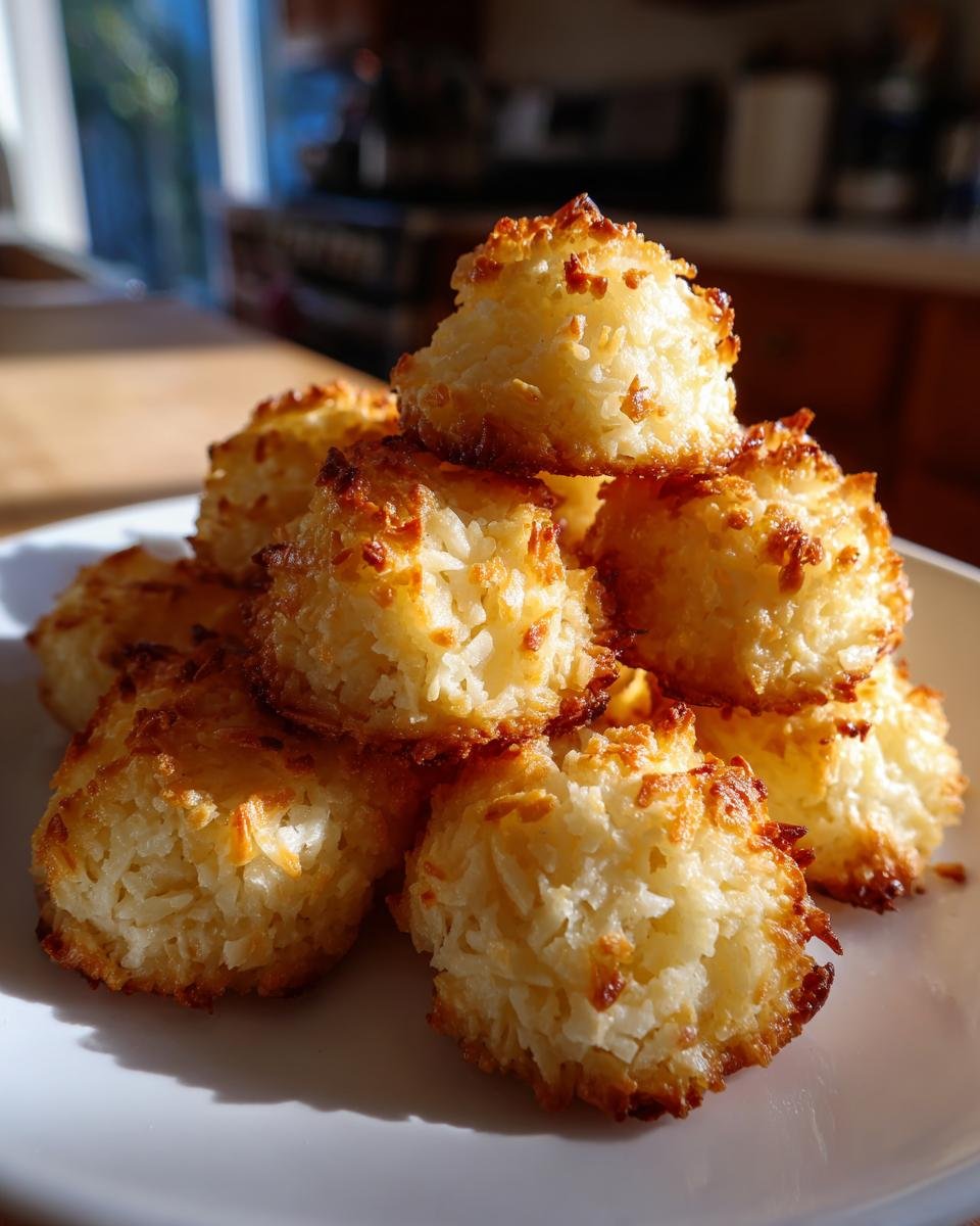 A stack of golden brown Saftige Kokosmakronen, coconut macaroons, on a white plate, ready to eat.
