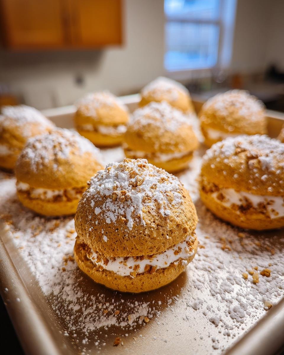 Close-up of Saftige Nussmakronen dusted with powdered sugar on a baking sheet, ready to serve.