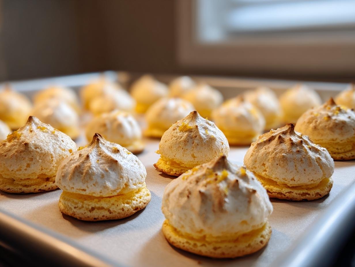 Close-up of freshly baked Saftige Nussmakronen on a baking sheet, ready to enjoy.