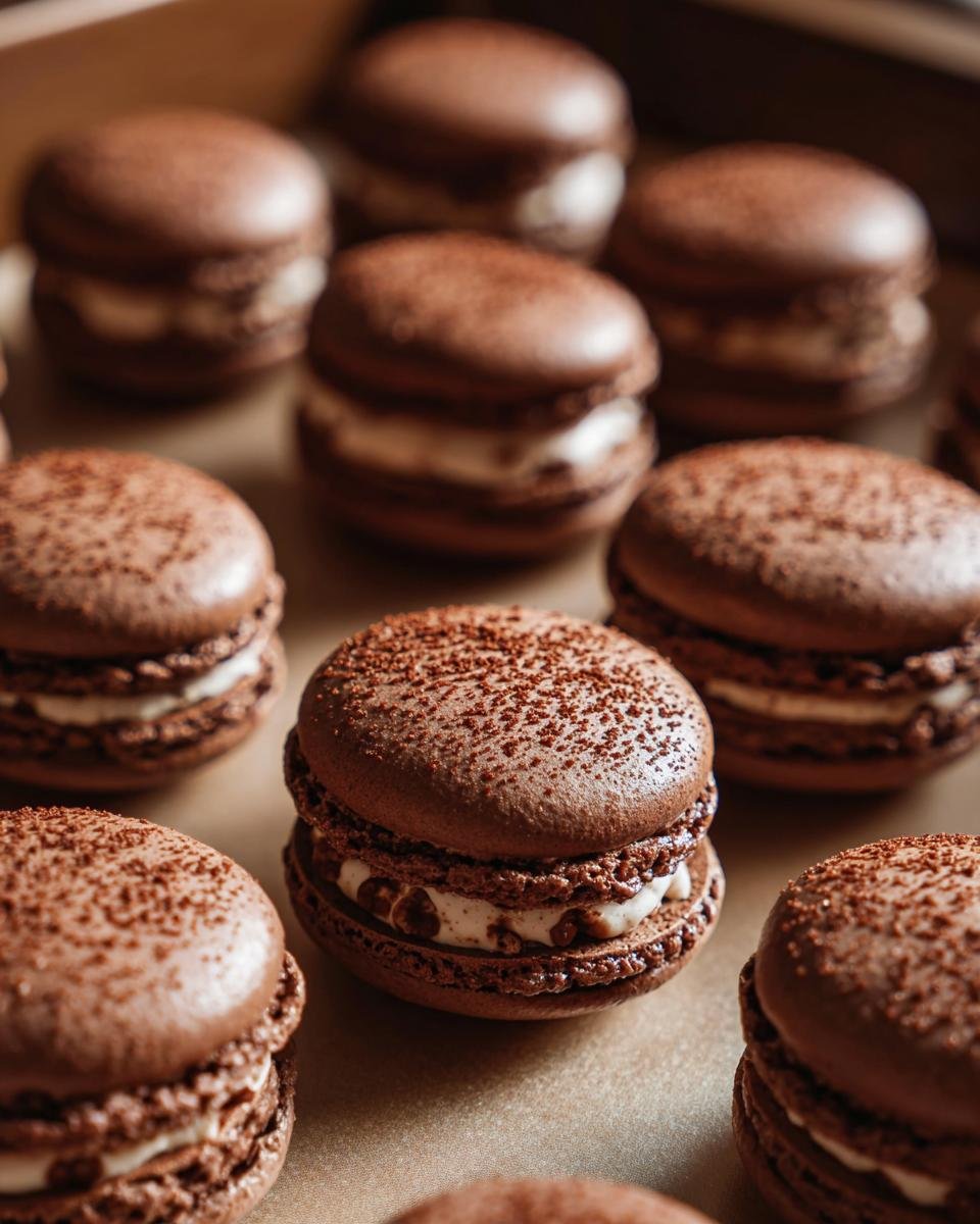 Close-up of Saftige Nussmakronen, showing the chocolate shells and creamy filling.