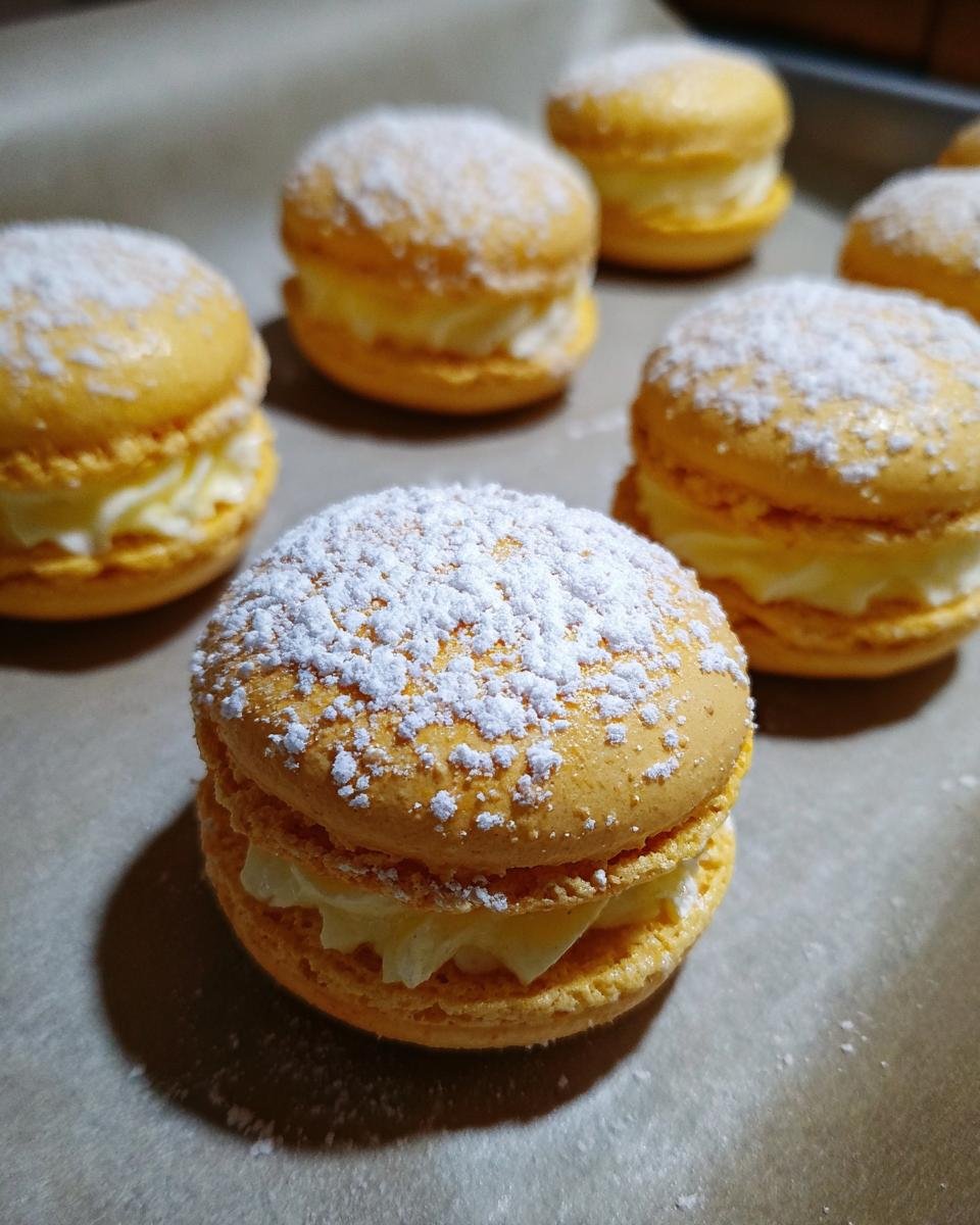 Close-up of Saftige Nussmakronen dusted with powdered sugar, filled with cream.