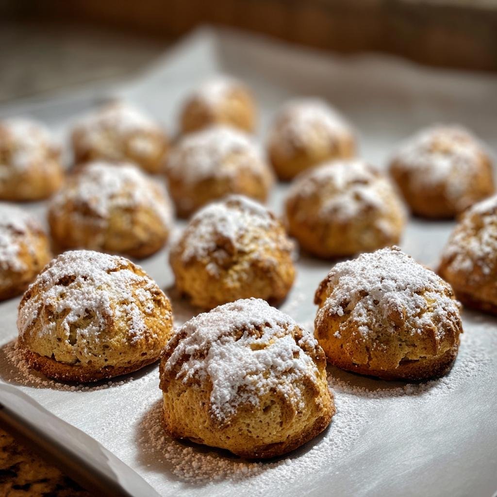 Freshly baked Saftige Nussmakronen dusted with powdered sugar on a baking sheet.