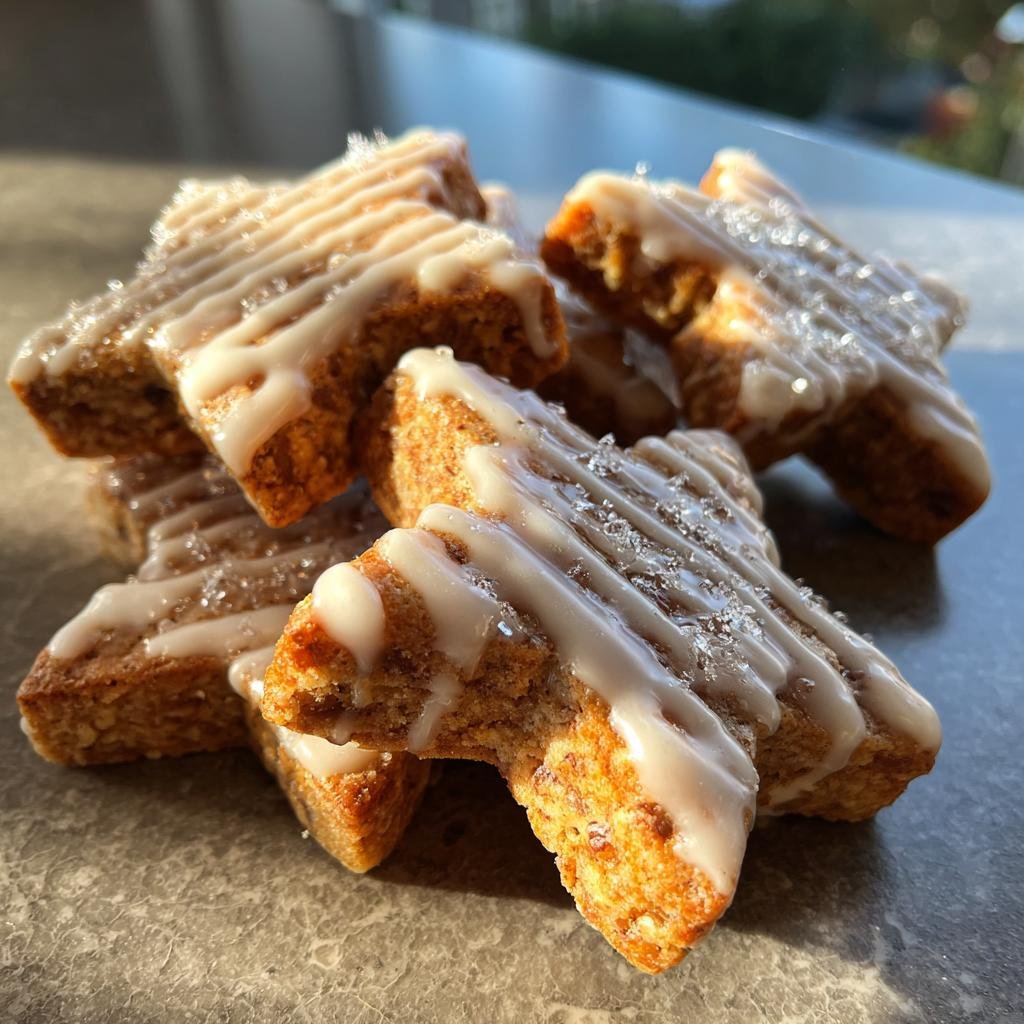 Pile of saftige Zimtsterne, German cinnamon star cookies, drizzled with icing and sprinkled with sugar.
