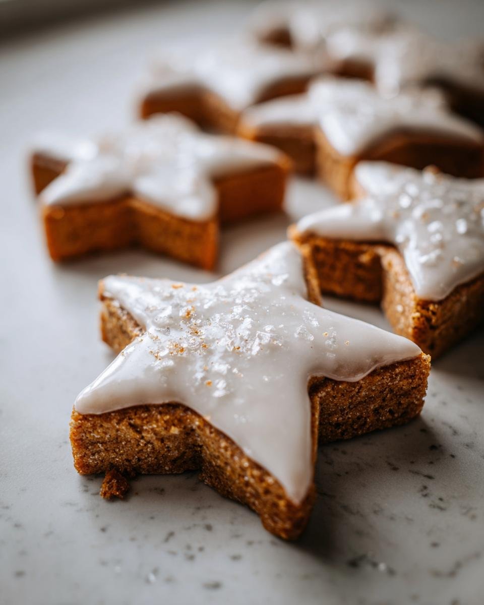 Close-up of saftige Zimtsterne einfach und schnell backen, glazed with white icing and sprinkled with sugar.