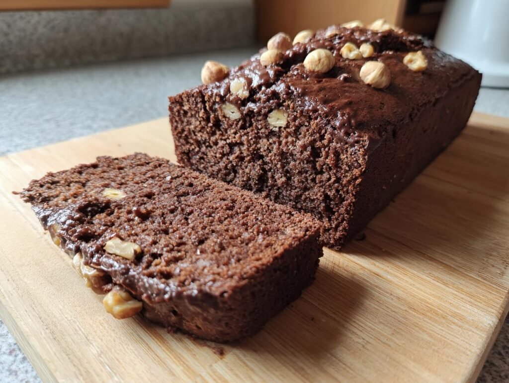 A loaf of Saftiger Nusskuchen ohne Mehl (German nut cake without flour) with a slice cut, topped with hazelnuts.
