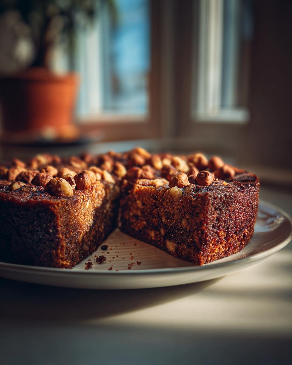 A delicious Saftiger Nusskuchen ohne Mehl (flourless nut cake) topped with whole hazelnuts, with a slice cut out.