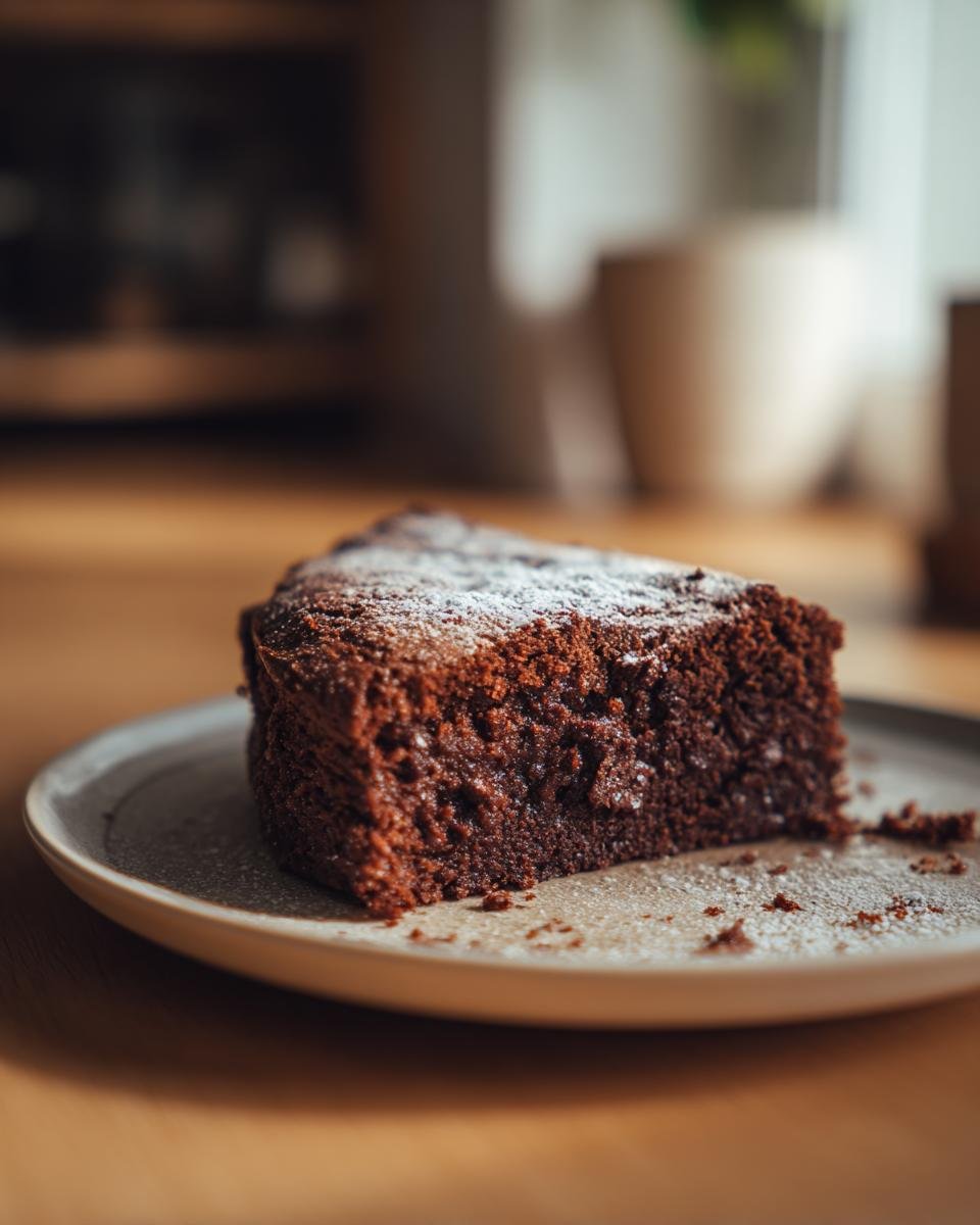A slice of Saftiger Nusskuchen ohne Mehl, dusted with powdered sugar, sits on a plate.