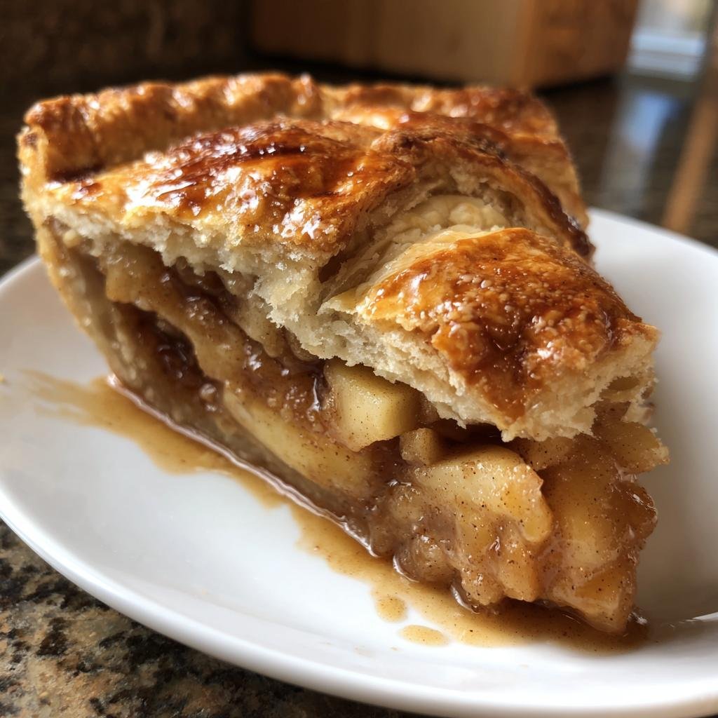 A slice of Saftiger Zimtschnecken Apfelkuchen (apple cake) with flaky crust and apple filling.