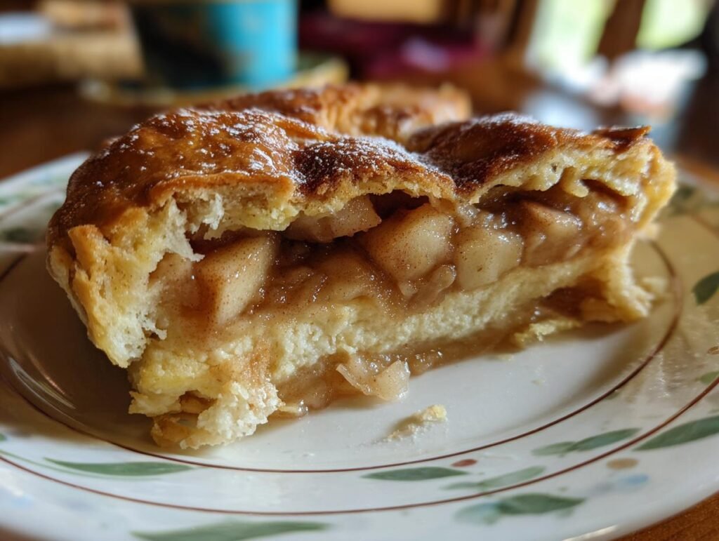 Close-up of a slice of Saftiger Zimtschnecken Apfelkuchen, a simple apple cake recipe with cinnamon rolls.