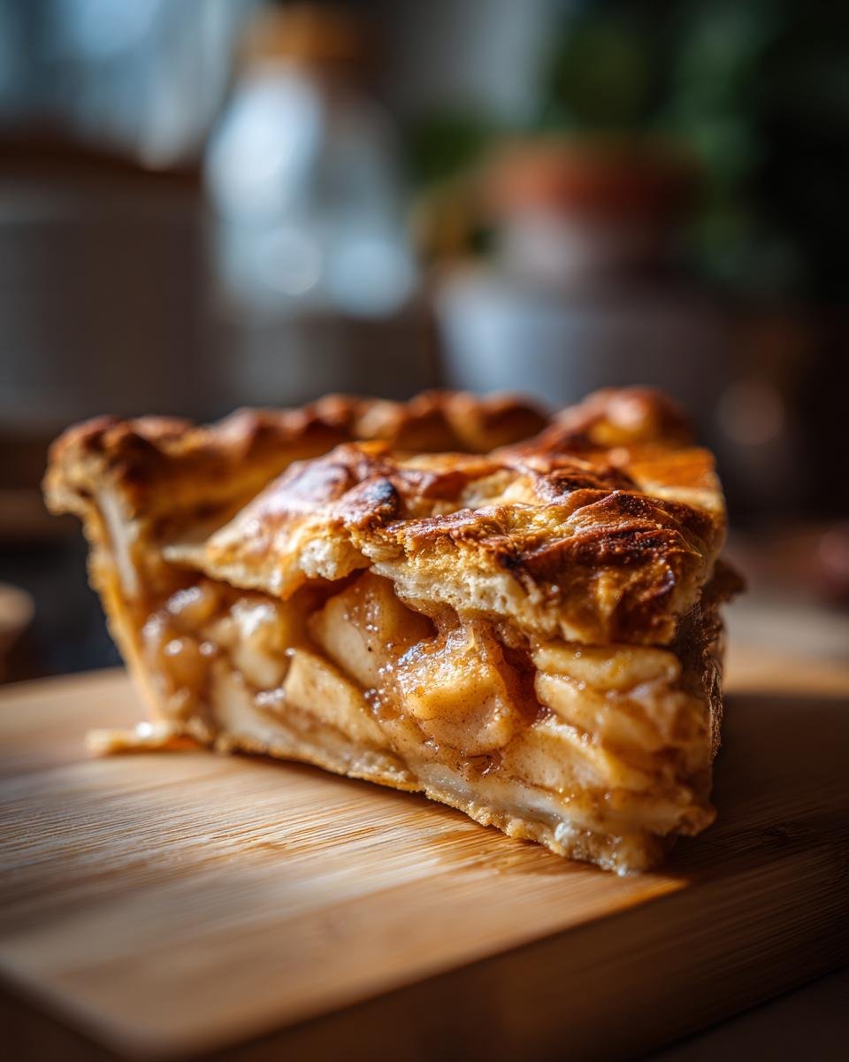 A slice of saftiger Zimtschnecken Apfelkuchen, a simple apple cake recipe, on a wooden board.