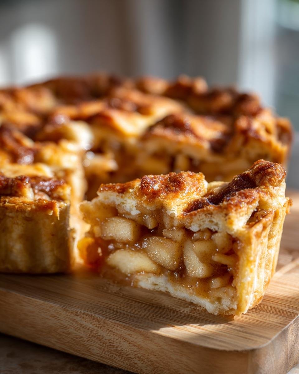 A slice of saftiger Zimtschnecken Apfelkuchen, a delicious apple cake with cinnamon, on a wooden board.
