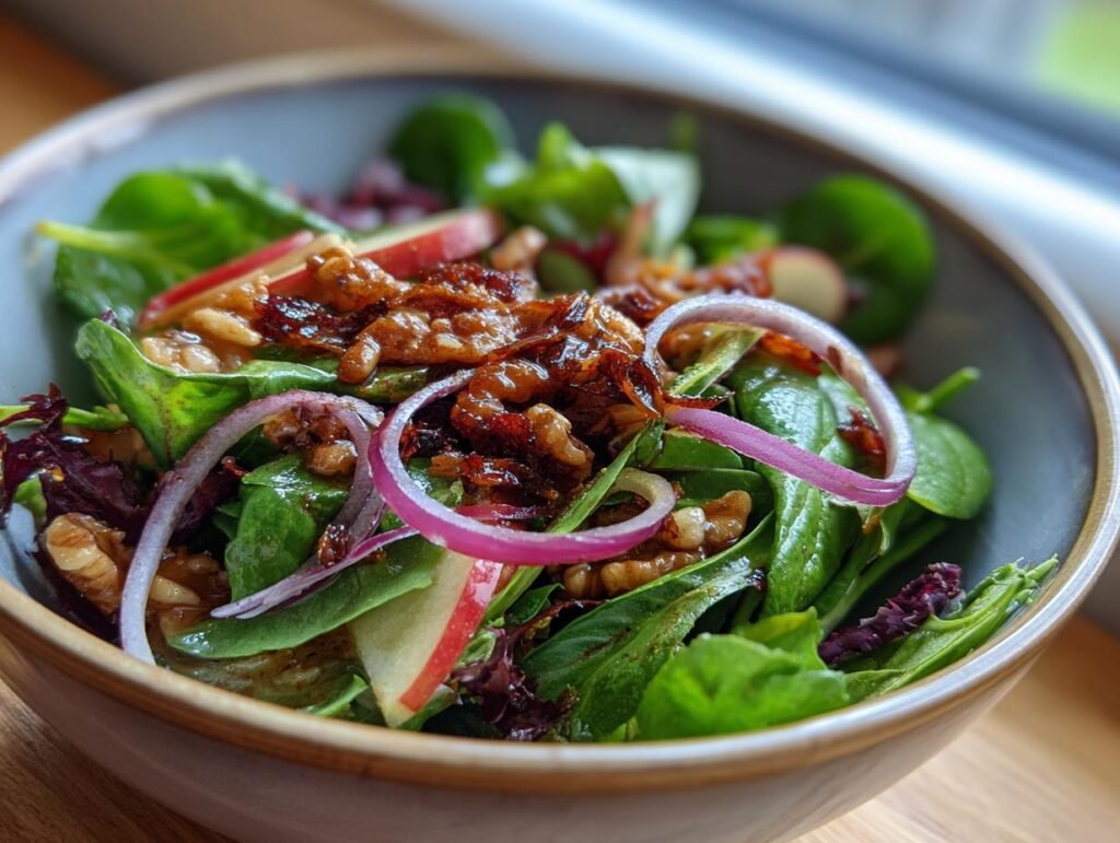 Close-up of Salat mit Apfel und karamellisierten Walnüssen in a bowl, featuring spinach, apple slices, and red onion.