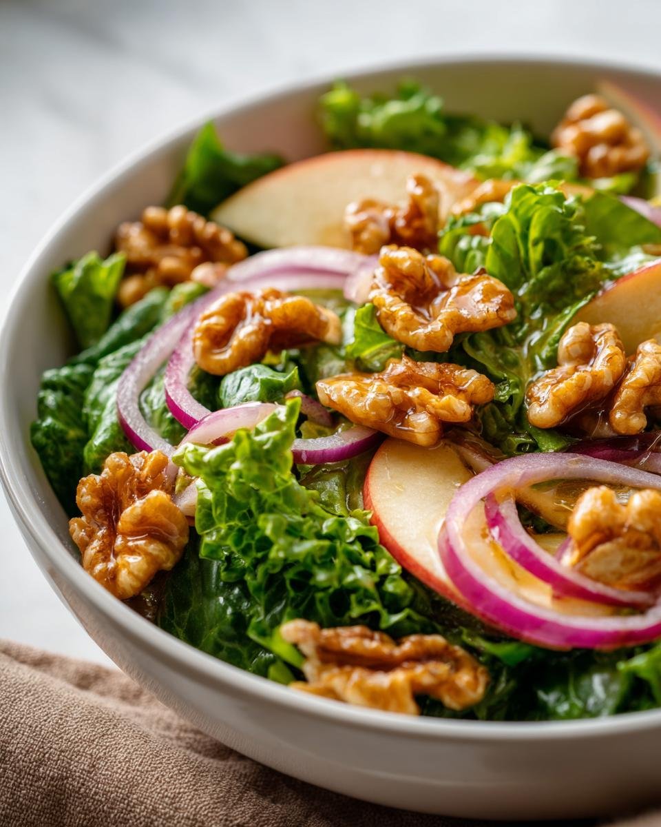 Close-up of Salat mit Apfel und karamellisierten Walnüssen in a white bowl, featuring lettuce, apple slices, red onion, and walnuts.