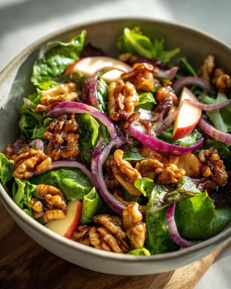 Close-up of Salat mit Apfel und karamellisierten Walnüssen with lettuce, apple slices, and red onion.