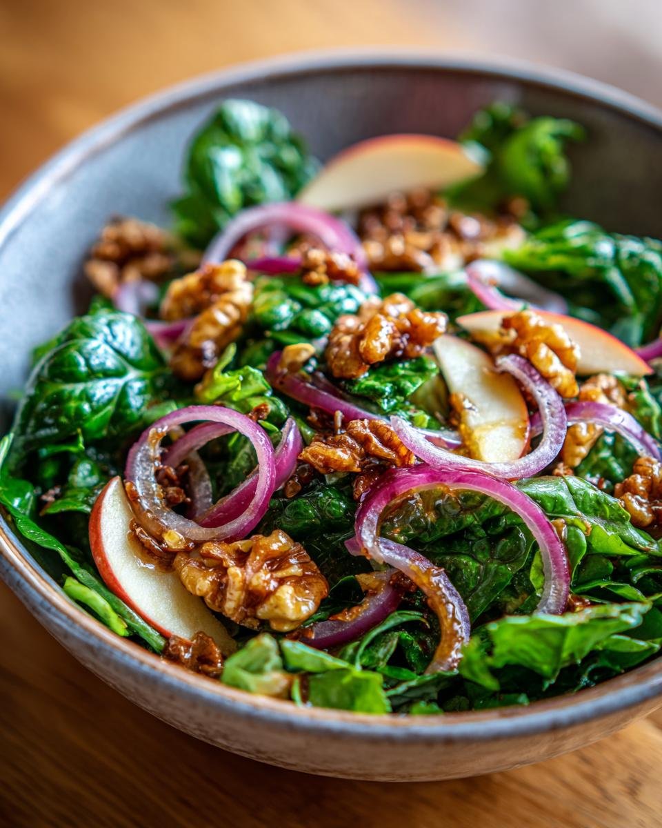Close-up of Salat mit Apfel und karamellisierten Walnüssen, featuring spinach, apple slices, red onion, and walnuts.
