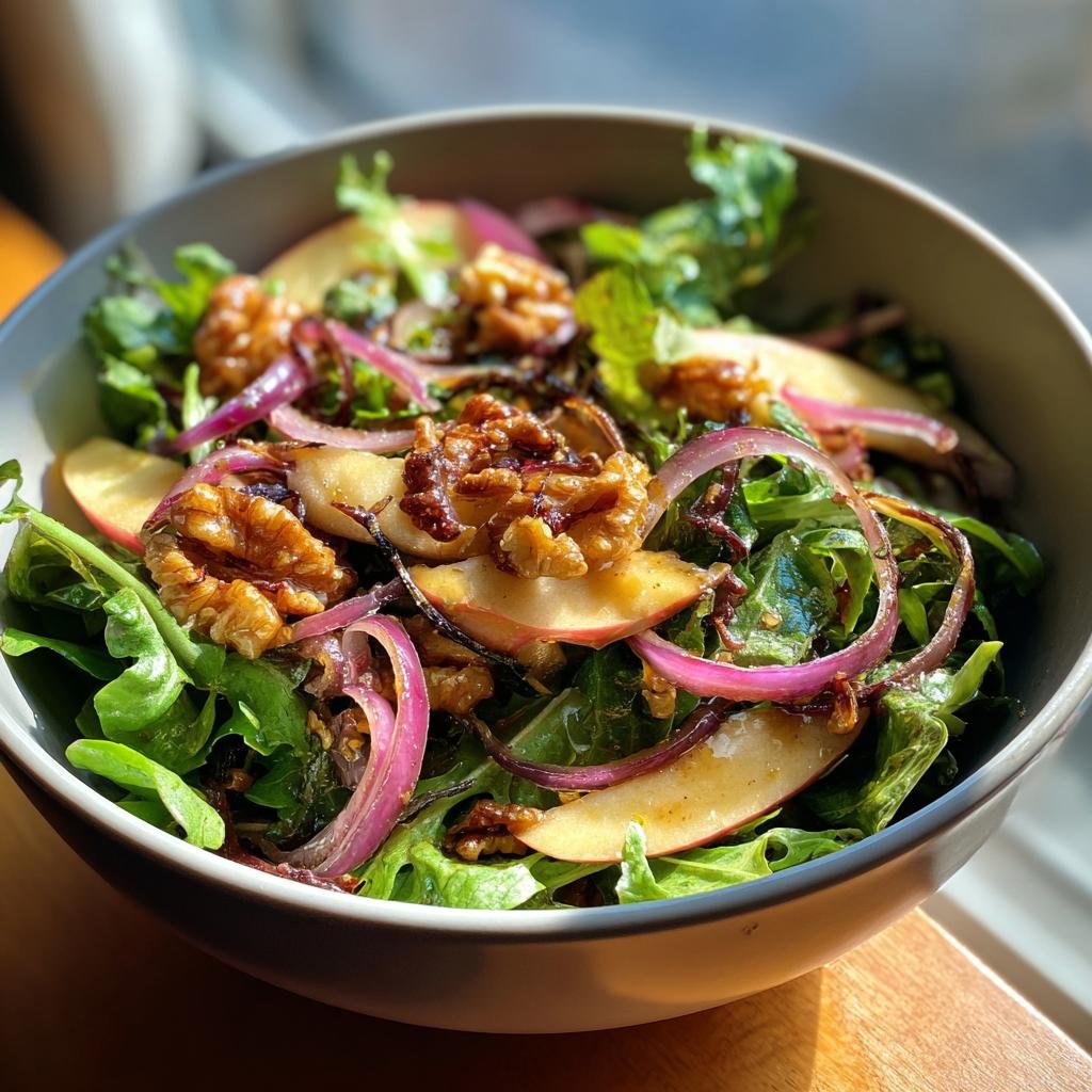 Close-up of Salat mit Apfel und karamellisierten Walnüssen, featuring apples, walnuts, red onion, and greens.