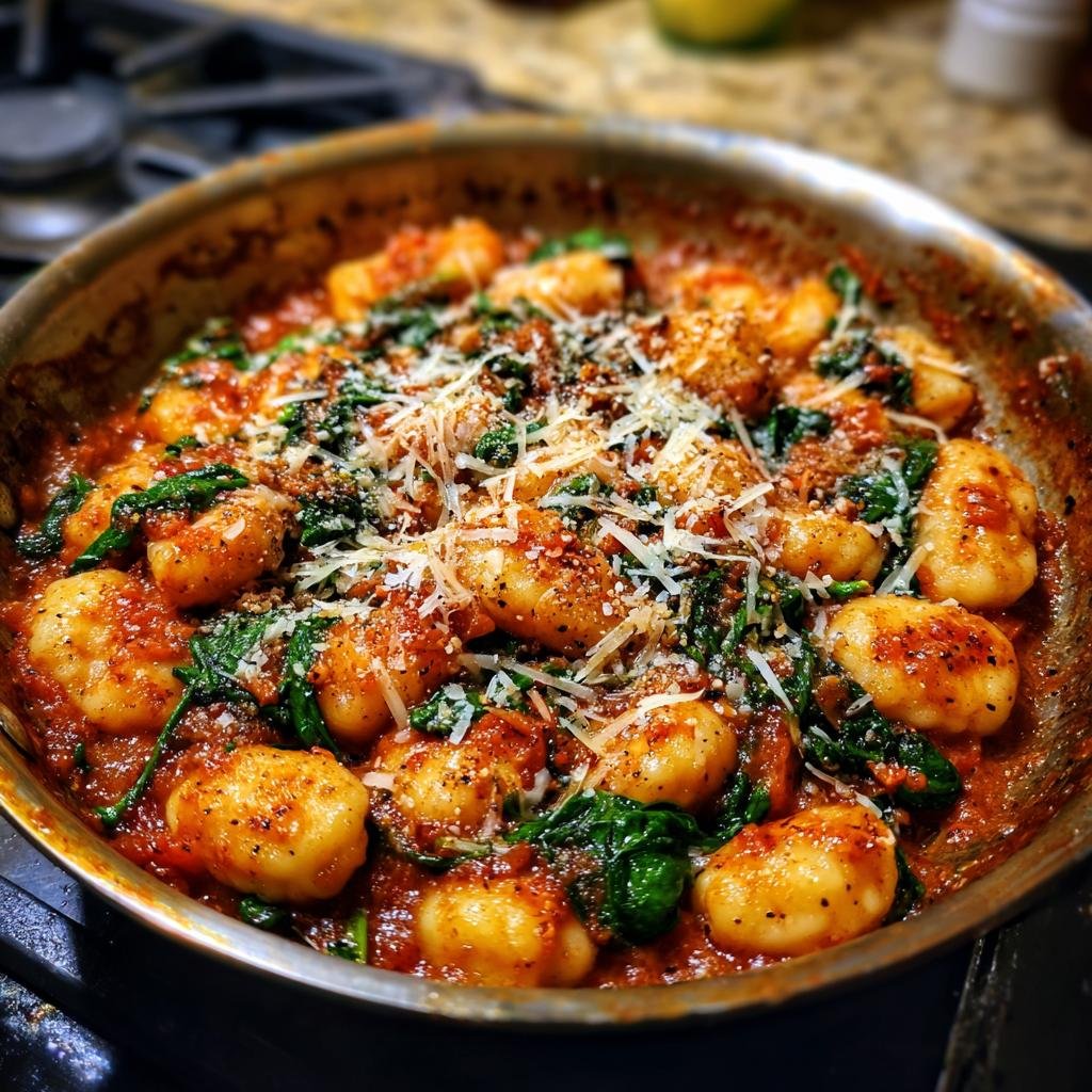 Close-up of Schnelle Gnocchi-Pfanne mit Tomate & Spinat in a pan, topped with cheese.