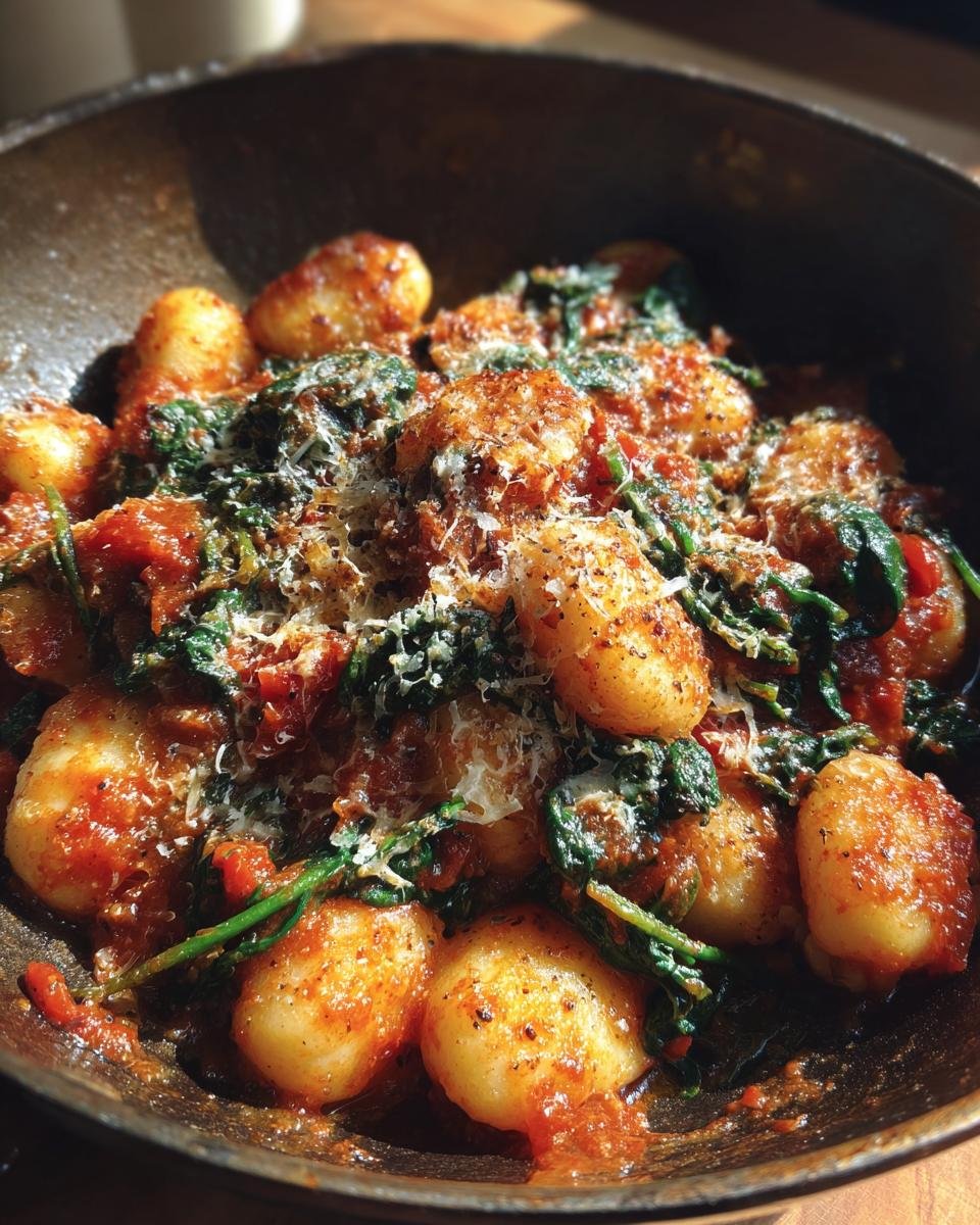 Close-up of Schnelle Gnocchi-Pfanne mit Tomate & Spinat, topped with cheese in a pan.