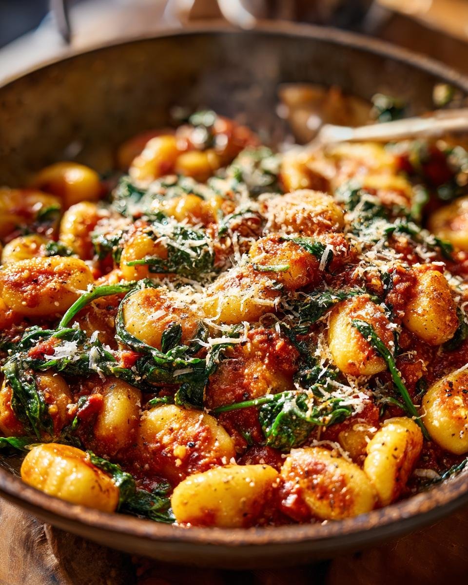 Close-up of Schnelle Gnocchi-Pfanne mit Tomate & Spinat, topped with cheese.