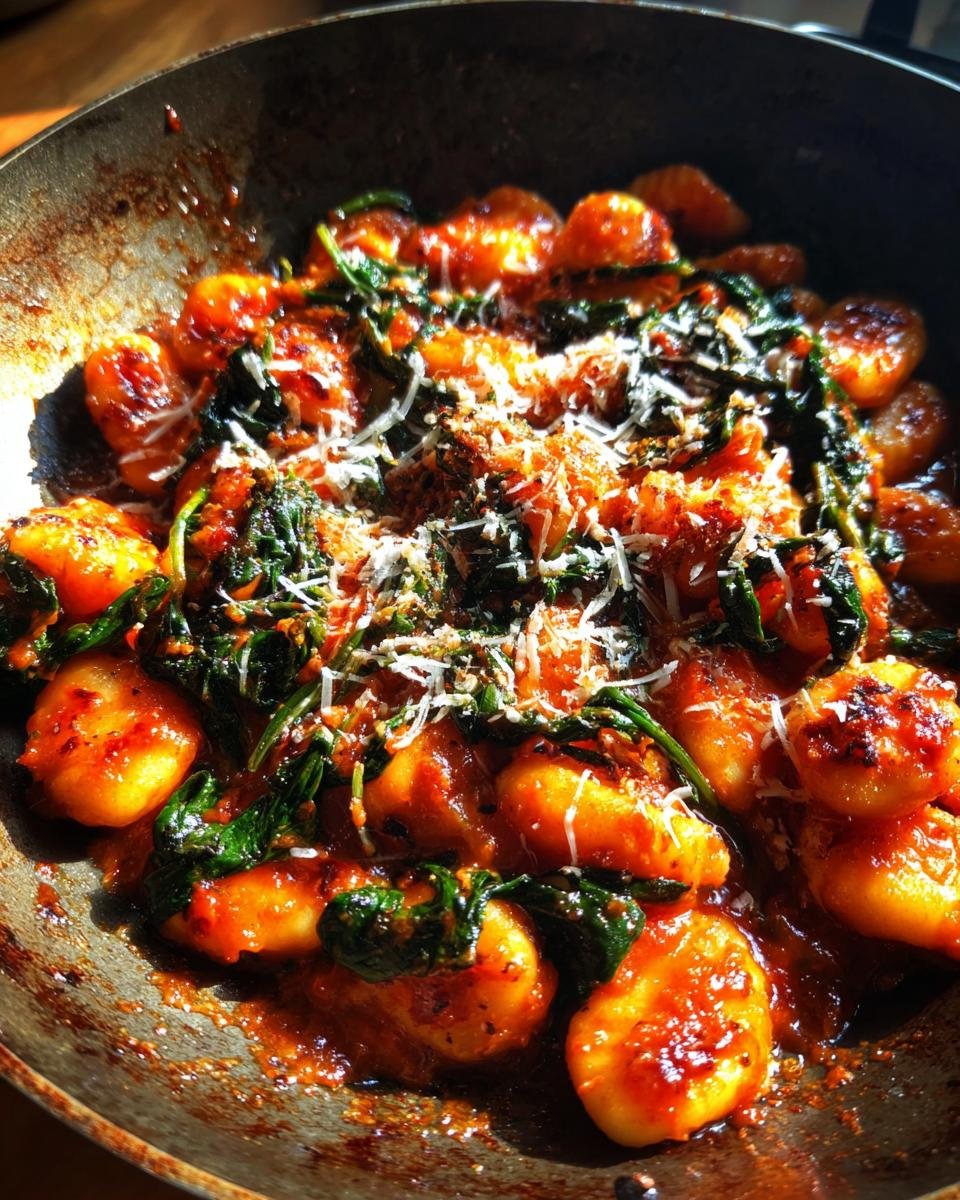 Schnelle Gnocchi-Pfanne mit Tomate & Spinat, serviert in einer Pfanne, garniert mit Käse.