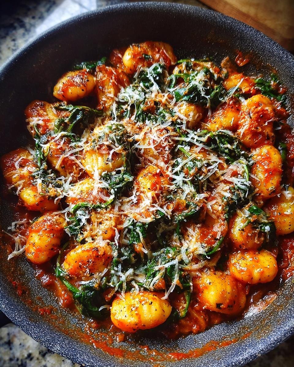 Close-up of Schnelle Gnocchi-Pfanne mit Tomate & Spinat in a pan, topped with cheese.