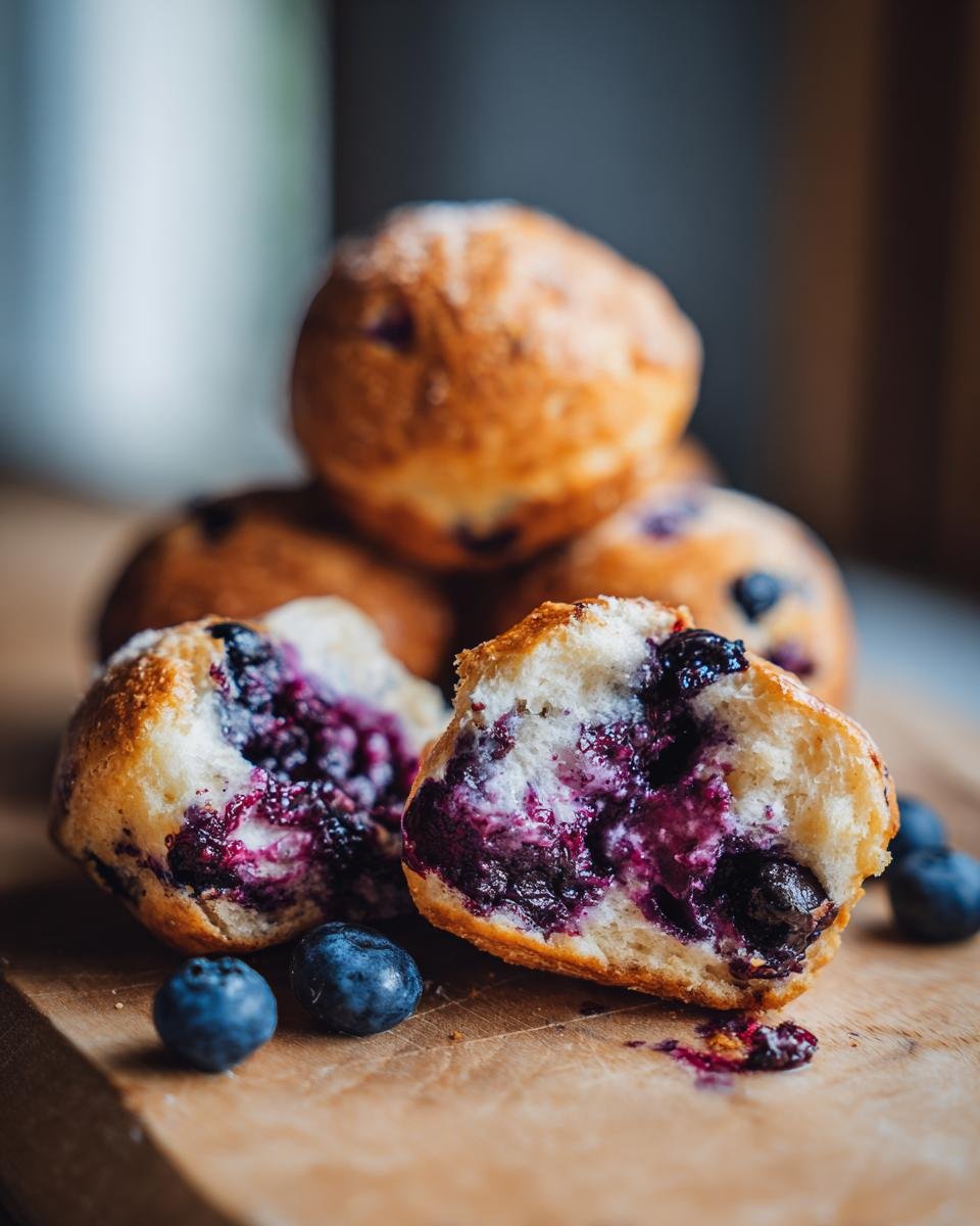 Close-up of Schnelle Heidelbeer-Quarkbrötchen (Quark-Öl-Teig) with blueberries, showing the soft inside.