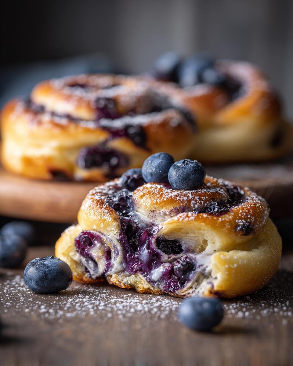 Close-up of Schnelle Heidelbeer-Quarkbrötchen (Quark-Öl-Teig) topped with fresh blueberries and powdered sugar.