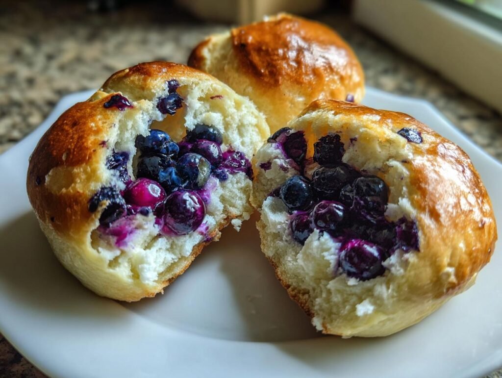 Close-up of Schnelle Heidelbeer-Quarkbrötchen (Quark-Öl-Teig) filled with fresh blueberries. Delicious German treat.
