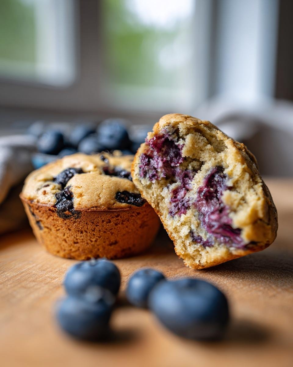 A halved Schnelle Heidelbeer-Quarkbrötchen (Quark-Öl-Teig) with blueberries visible inside, next to a whole muffin.